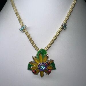Enameled Flower and Ladybug Pendant on Silk Cord Necklace